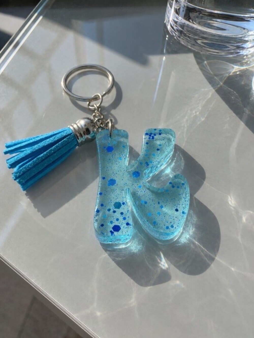 Blue Glitter Letter K Epoxy Resin Keychain